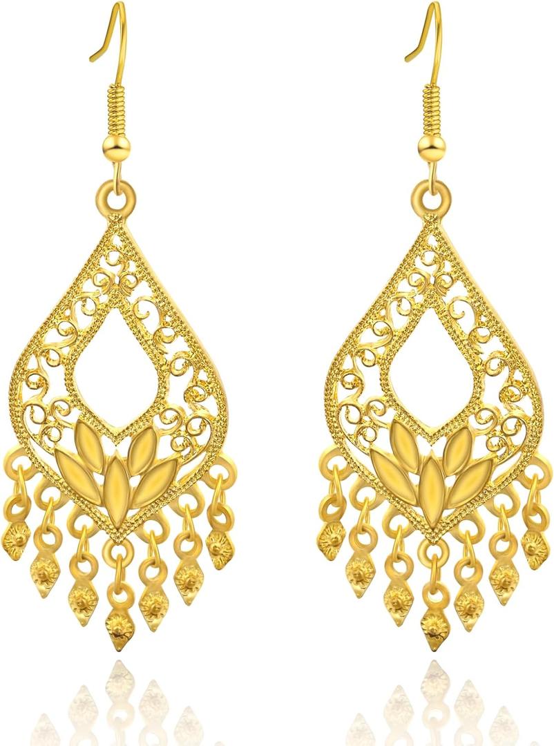 18K Gold Plated Filigree Dangle Earrings - Boho Indian Jewelry - Long Chandelier Design - Gold Plated Brass - 1.02 inches - No Gemstone