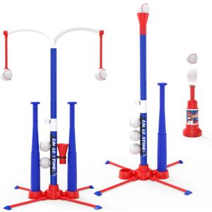 EagleStone 3-in-1 Toddler T Ball Set for Kids 3-5, 5-8, 2 Baseball Bats,Adjustable Height Hanging Tee,Tball Batting Stand,Ball Launcher. Outdoor/Indoor Baseball Toys for Toddlers, Backyard Sports Gift