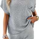 Women Two-Piece Knit Lounge Set Short Sleeve Loose Fit Knit Top Elastic Waist Shorts Casual Summer Outfit, S, Grey