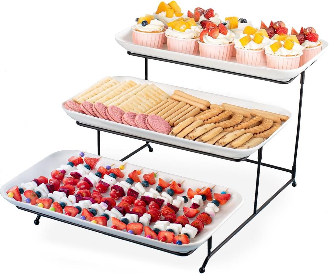 DELLING 3 Tier Serving Tray Set 16 Inch, Large Porcelain Tiered Platters with Collapsible Stand - Serving Dishes for Entertaining Dessert Table Party, Easy Assembly, White