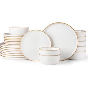 GBHOME Ceramic Dinnerware Sets for 8, 24 Pieces Stoneware Plates and Bowls Sets, Scratch Resistant Dishes, Dishwasher & Microwave Safe, Reactive Glaze-Pearl White