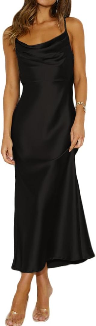 Summer Satin Spaghetti Strap Cowl Neck Backless Midi Dresses for Women Elegant Tie Low Back Ruched Cocktail Dress, M