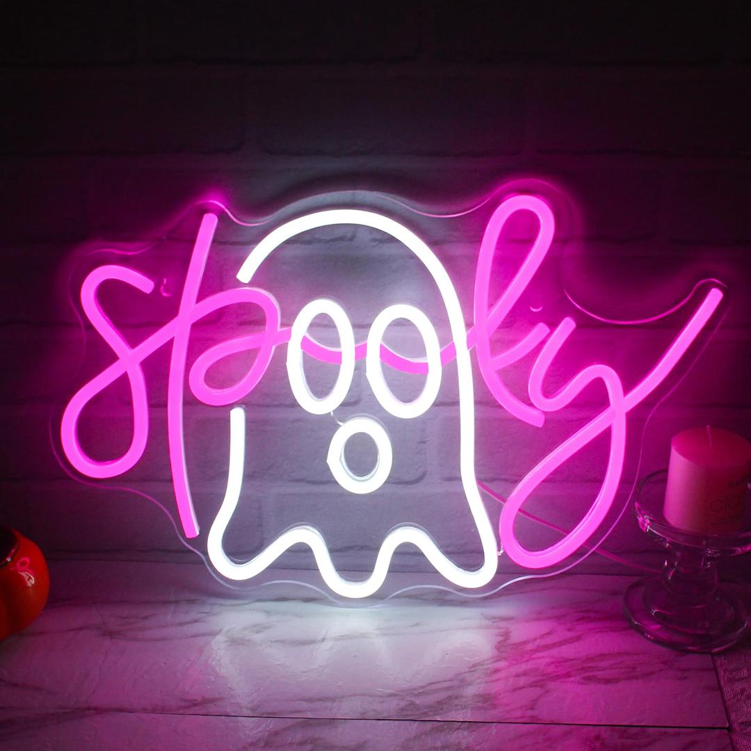Ineonlife Spooky Ghost Neon Sign Halloween Neon Signs For Wall Decor Led Lights Party Bedroom Bar Man Cave Club Pub Shop Window Decoration Halloween Gifts Adjustable USB Powered 16.38x11.02in