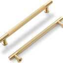 SALISENG- Solid Brass Kitchen Cabinet Pulls, 5 Pack Brushed Gold Drawer Handles, 6-3/10 Inches Hole Distance,Modern Furniture Hardware Door Handles for Closet Cupboard Wardrobe(Arina) (6-3/10 Inch Hole Centers)