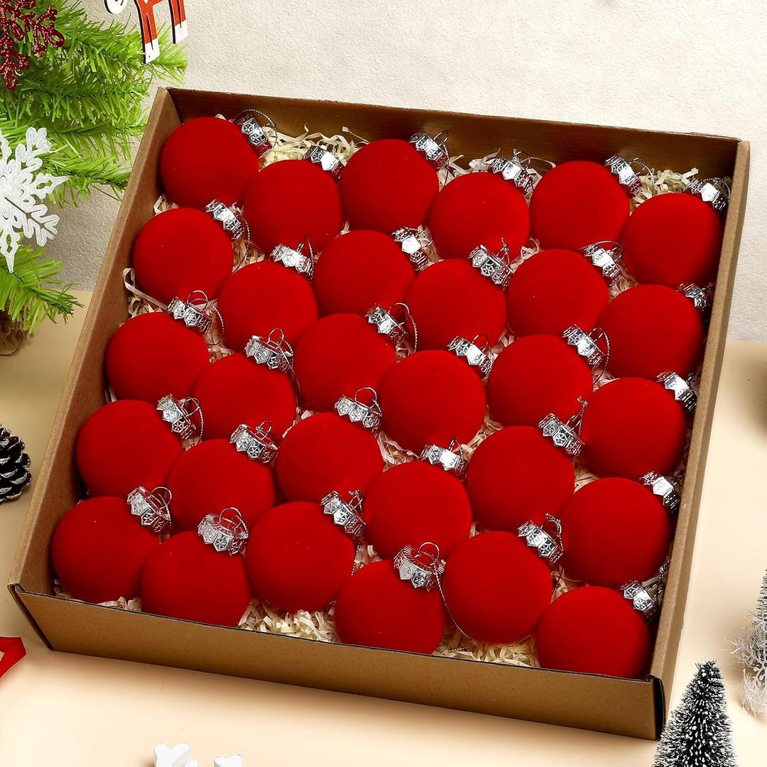 30 pcs Red Flocked Velvet Christmas Tree Ball 2.4inch Christmas Tree Ornaments Shatterproof Plastic Decorative Hanging for Xmas Holiday Family Home Store Indoor Decors