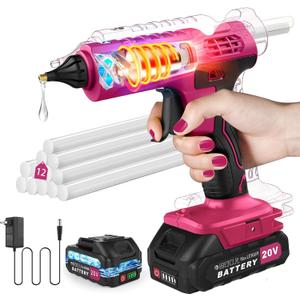 100W Cordless Hot Glue Gun and Sticks Set with Battery and Charger, Full Size Glue Gun Cordless & Rechargeable 12pcs 0.43'' Glue Sticks, Wireless Battery Powered Hot Glue Gun for Crafts & DIY (Pink)