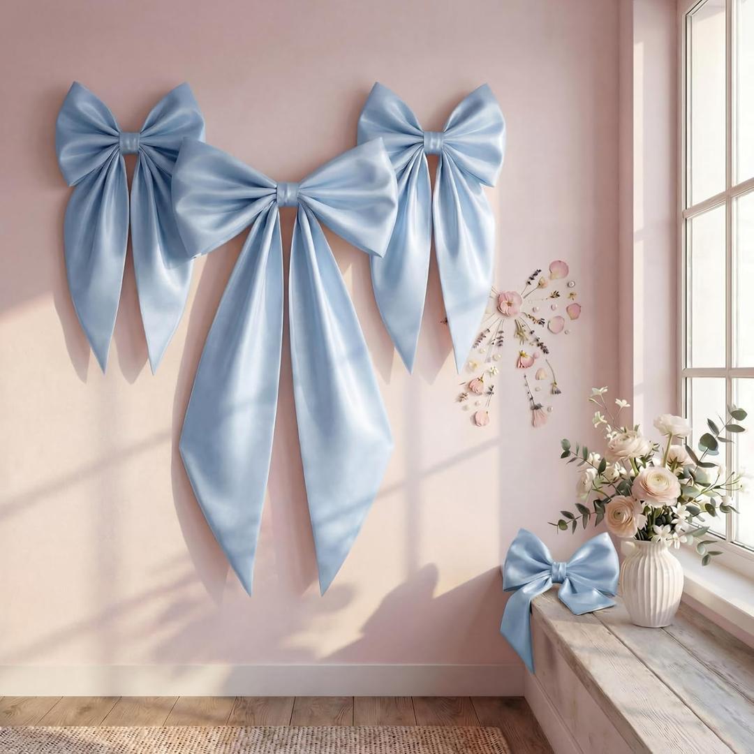 Crowye Giant Satin Bow Set for Wall Decor 40 x 24 Inch Baby Blue Bow with 6 Pcs 23 x 12 Inch Oversized Large Blue Coquette Bows for Baby Shower Wedding Bridal Shower Coquette Party Backdrop Decor