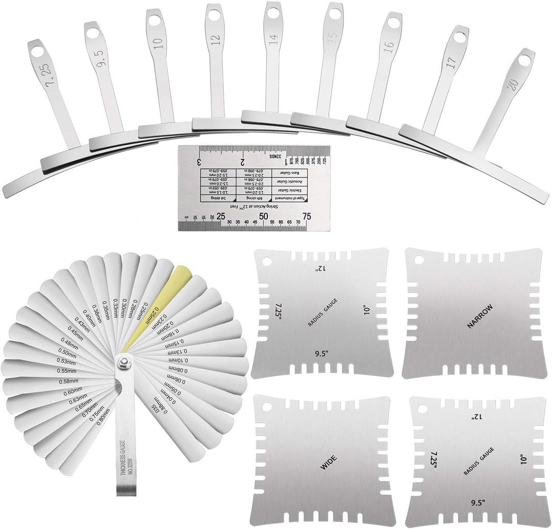 15 Pieces Guitar Luthier Tools Set Including Radius Gauge String Action Ruler 32 Blades Feeler Gauge for Guitar and Bass Setup