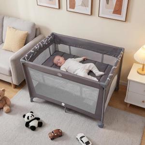 Babilous Pack and Play, Baby Bassinet with Wheels, Foldable Baby Playard for Travel, Easy Carry Bedside Bassinet, Mini Pack n Play with Comfortable Mattress & Compact Space Saving Design, Grey
