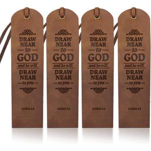 MAYJOYDIY 4pcs Leather Bible Bookmarks 27inch Christian Bookmarks Cowhide Draw Near to God Text Bible Verse Leather Page Markers Gift for Men Women Book Reading Bookworm Book Lovers Readers