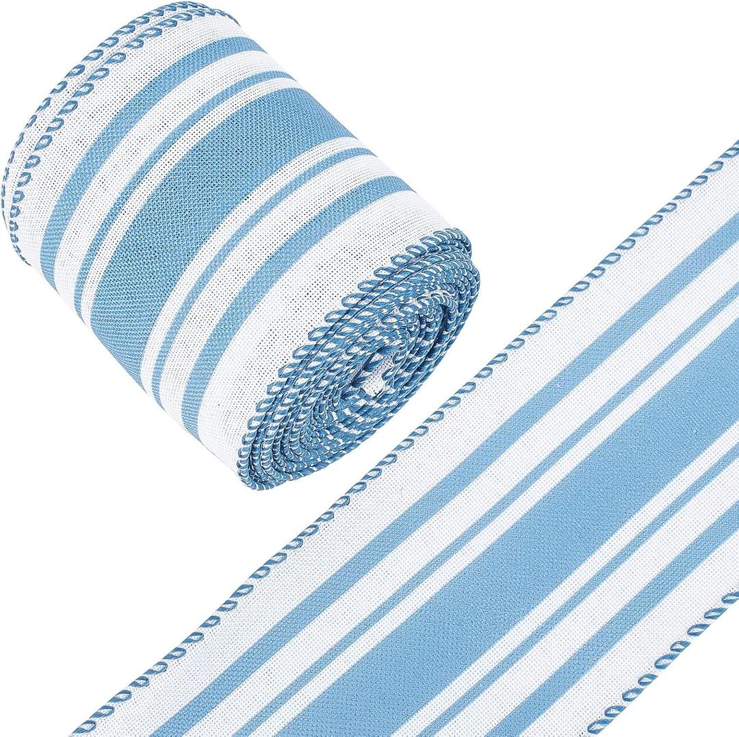GORGECRAFT 12 Yards Blue White Stripe Ribbon Wired Ribbon 2-1/2 inch Blue Burlap Ribbon Ivory Stripe Edge Blue Wired Christmas Ribbon for Wreath Garland Bow Making DIY Crafting Rustic Party Decor