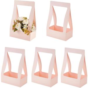 Ylapagne 5 Pieces Paper Flower Gift Bags, Pink Bouquet Flower Box with Handheld DIY Flower Arrangement Basket Flower Packaging Box for Valentine's Wedding Anniversary Party