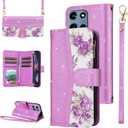 for Motorola Moto G 5G 2025 Floral Flip Zipper Wallet Case Purple | Girl, Wrist/Shoulder Strap, Luxury Glitter PU Leather Purse, Card Holder Stand, Accessories, Phone Cover for G5G 5 G G5 Women