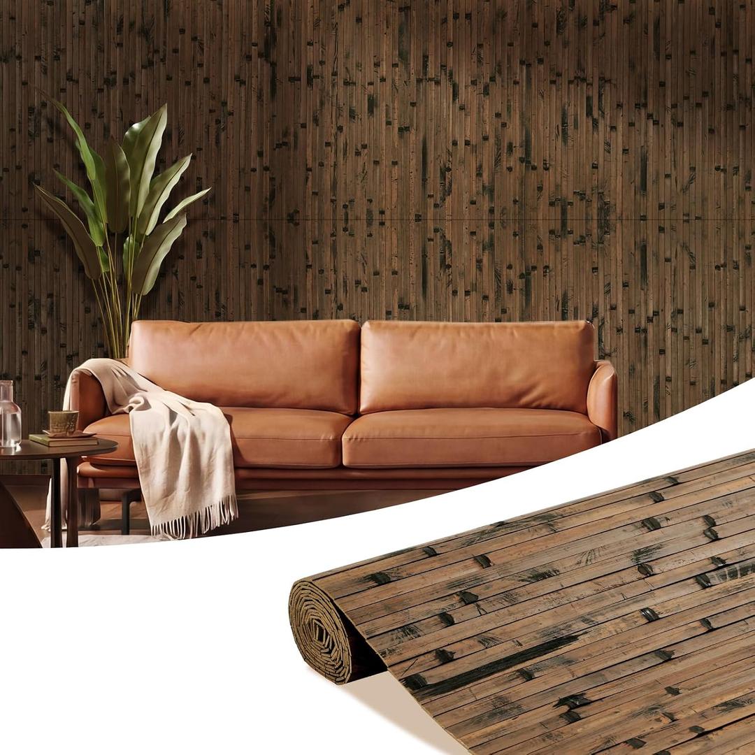 Natural Bamboo Wall Panel 96’’ x 48’’ Pole Wrap Wainscoting Panel for Interior Wall Decor Bedroom Living Room Kitchen Island Brown Burned