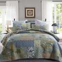 Yvooxny California King Quilt Set - Bohemian Farmhouse Patchwork Floral Pattern, Reversible Green, 110 x 118 Inch Quilt + 2 Pillowcases