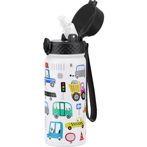 GOPPUS Kids Water Bottle (Straw Lid) - 18 Oz Stainless Steel Travel Bottle, Double Wall Vacuum Leak Proof Kids Cup for School Boys Girls,White engineering car