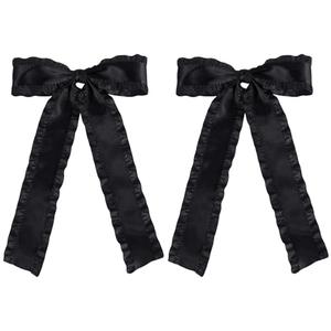 4pc Satin Tassel Ribbon Hair Bows Alligator Clips Black 5.5 inch Big Ruffle Layered Hairbow Barrettes Long Tail for Women Girls Thick Thin Hair Decoration Accessories Present