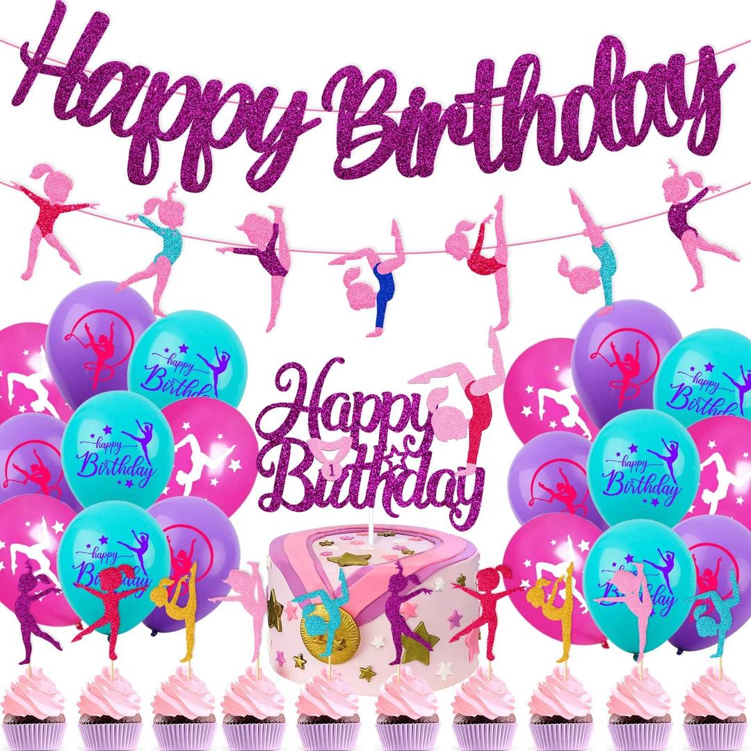 52 Pcs Gymnastics Birthday Decoration Set Gymnast Happy Birthday Banner Cake Topper 25 Cupcake Toppers Gymnastics Balloons for Girl Bday Glitter Party Supplies