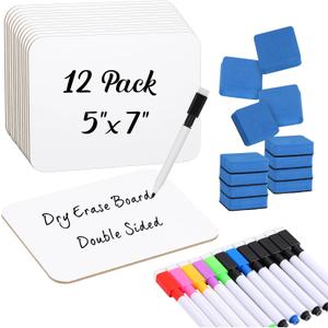 Affrolling 12 Sets Small Whiteboard Dry Erase Boards 5" x7'' Mini Double Sided Dry Erase Lap Boards with Markers Erasers Pen Holders Personal Whiteboards for Students Classroom Teacher