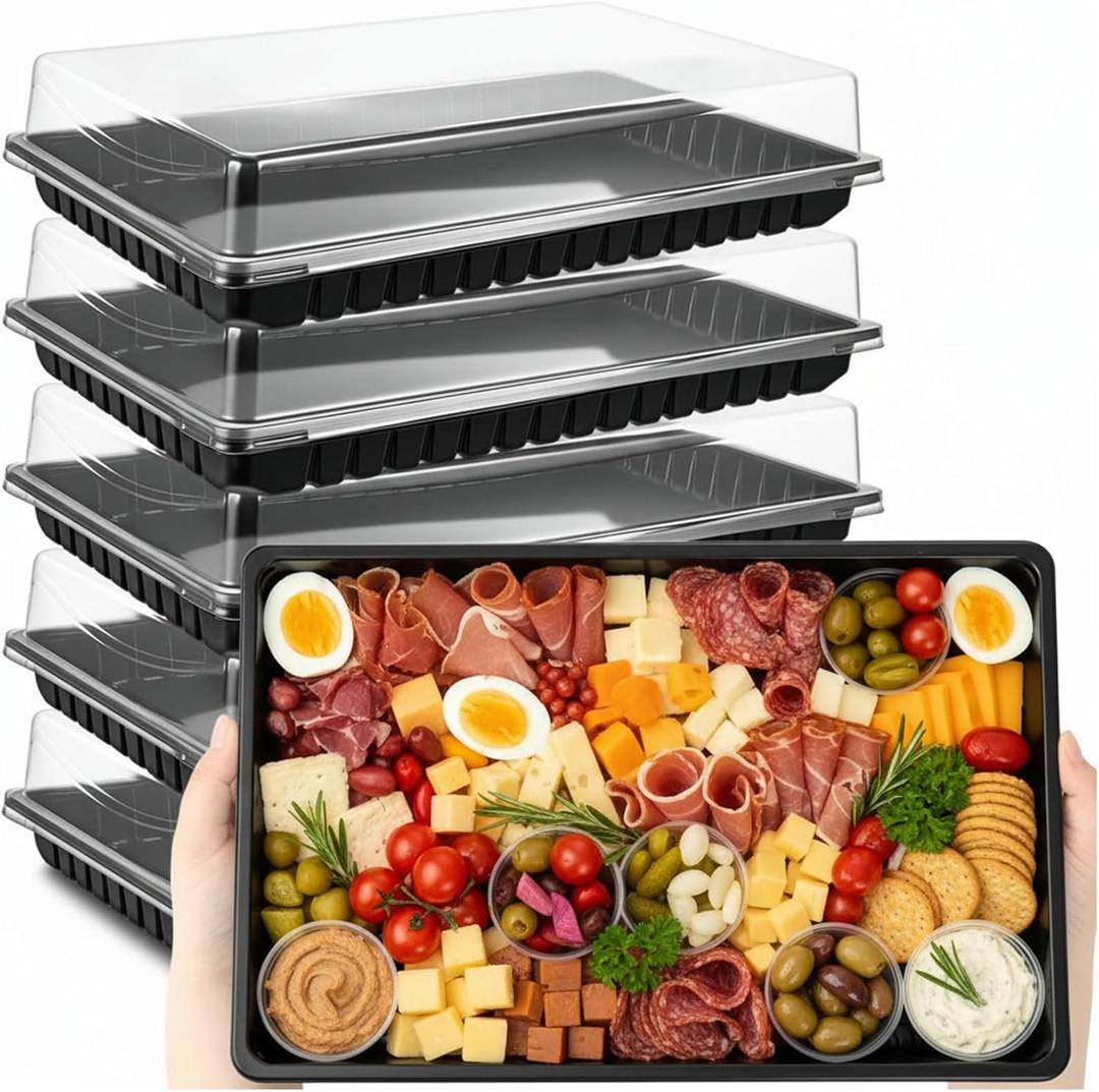 Shellwei 5 Pack Extra Large Charcuterie Board with Lids, 15 x 10 Inch Plastic Catering Trays for Cookies, Desserts, Candy, Reusable Serving Platters for Travel Party