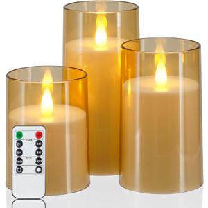 Homemory Realistic Flickering Flameless Candles, Battery Operated Candles with Remote Control and Timer, LED Fake Electric Candle for Home, Christmas Decoration, Gold, Set of 3