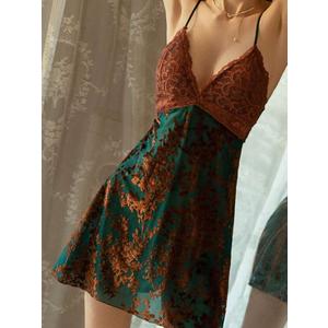 3D Burn-Out Embroidered Velvet Soft Lace Patchwork Lingerie, High-End Spaghetti Strap Nightgown, XL 