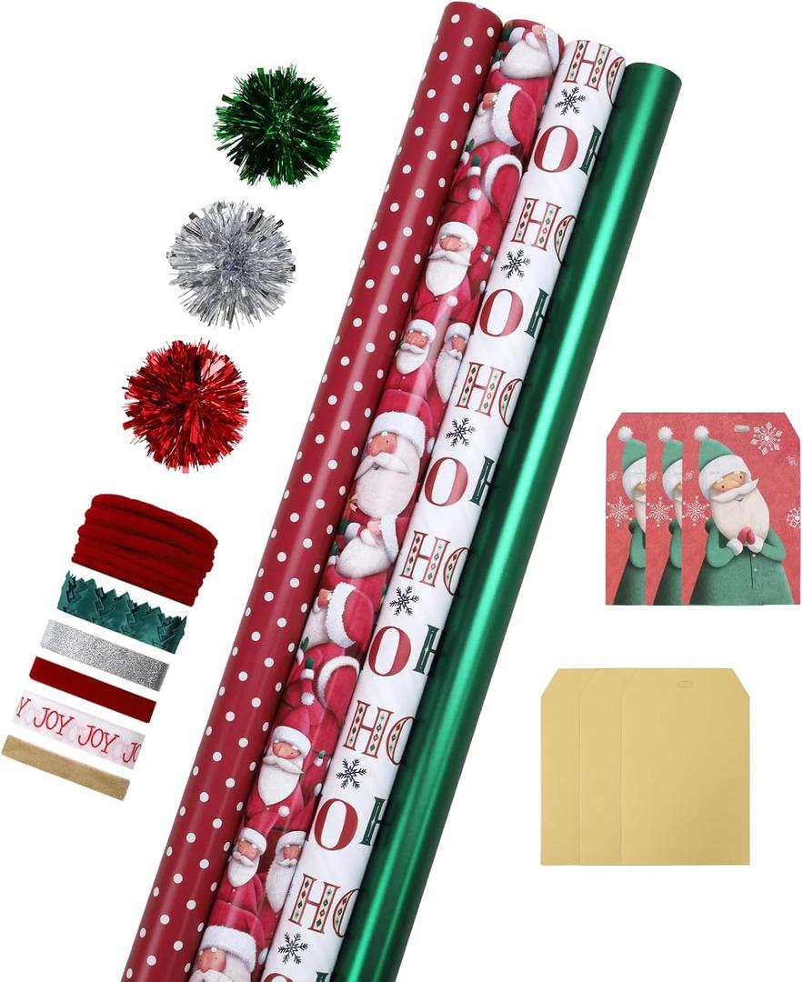 LaRibbons Christmas Wrapping Paper Sets, Santa & Snowflake & Gingham & Stripe Design with Ribbons & Gift Tags & Metallic Pom Pom for Christmas, Holiday, 30Inch  10Feet 4 Rolls: 100 Sq.Ft.Ttl