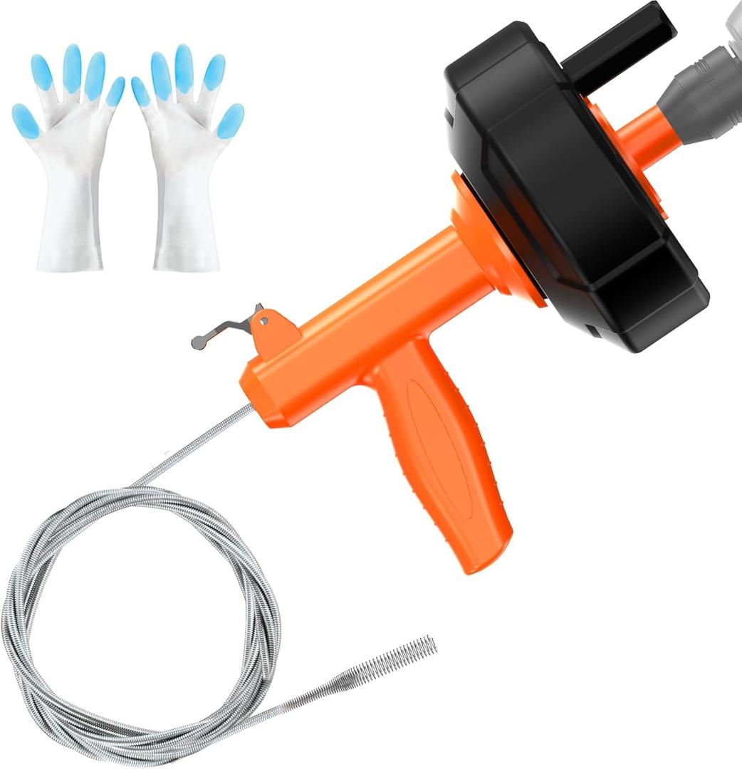 Drain Snake, Drain Auger with Drill Adaptor, 25 Feet Plumbing Snake Auto Feed Flexible Hair Drain Clog Remover for Kitchen, Bathrom and Shower Sink with Gloves (Orange)