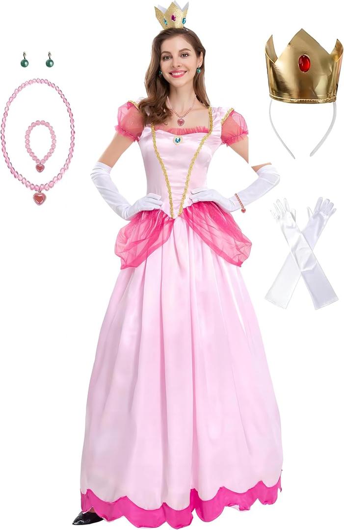 Super Borthers Costume For Women Princess Peach Costume Adult With Crown Gloves Bracelet Necklace And Earrings Large