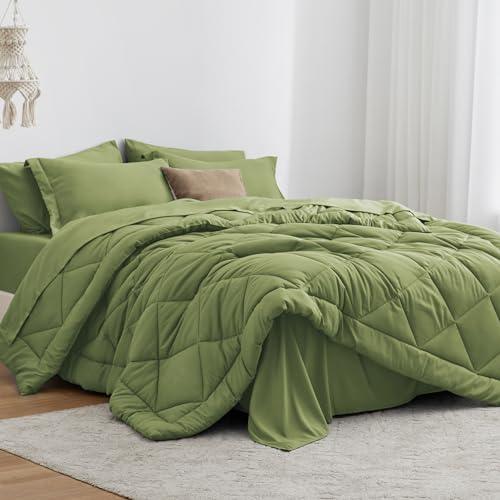 Love's cabin Twin Comforter Set Olive Green, 5 Pieces Twin Bed in a Bag, All Season Bedding Sets with 1 Comforter, 1 Flat Sheet, 1 Fitted Sheet, 1 Pillowcase and 1 Pillow Sham