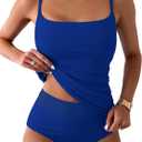 Eomenie Women's Swimsuit Tankini Tummy Control Bathing Suits Two Piece Full Coverage Slim Swim Suits with High Waisted Bottom (Large, Blue-Ribbed)