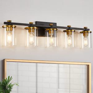 Ralbay Black Gold Bathroom Vanity Light 5 Lights Edison Vintage Bathroom Light Fixtures, Black/Gold with Clear Glass Bathroom Wall Light Fxitures