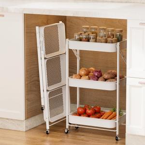JAQ No Assembly Required Rolling Cart, 3-Tier Foldable Utility Cart for Under Desk, 26.8" Height Metal Storage Cart with Wheels, 10" Narrow Small Space Organizer for Office, Kitchen, White