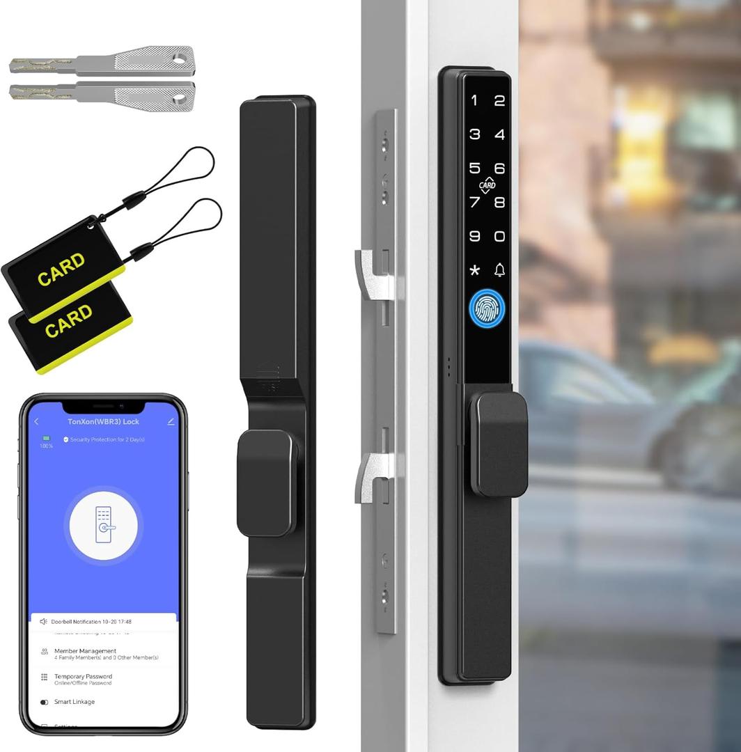 Dhiedas Slim Sliding Glass Door Lock, Sliding Door Lock with Fingerprint Remote APP Keypad RFID Key Electronic Digital Biometric Mortise Smart Lock for Double Hook Patio Sliding Door