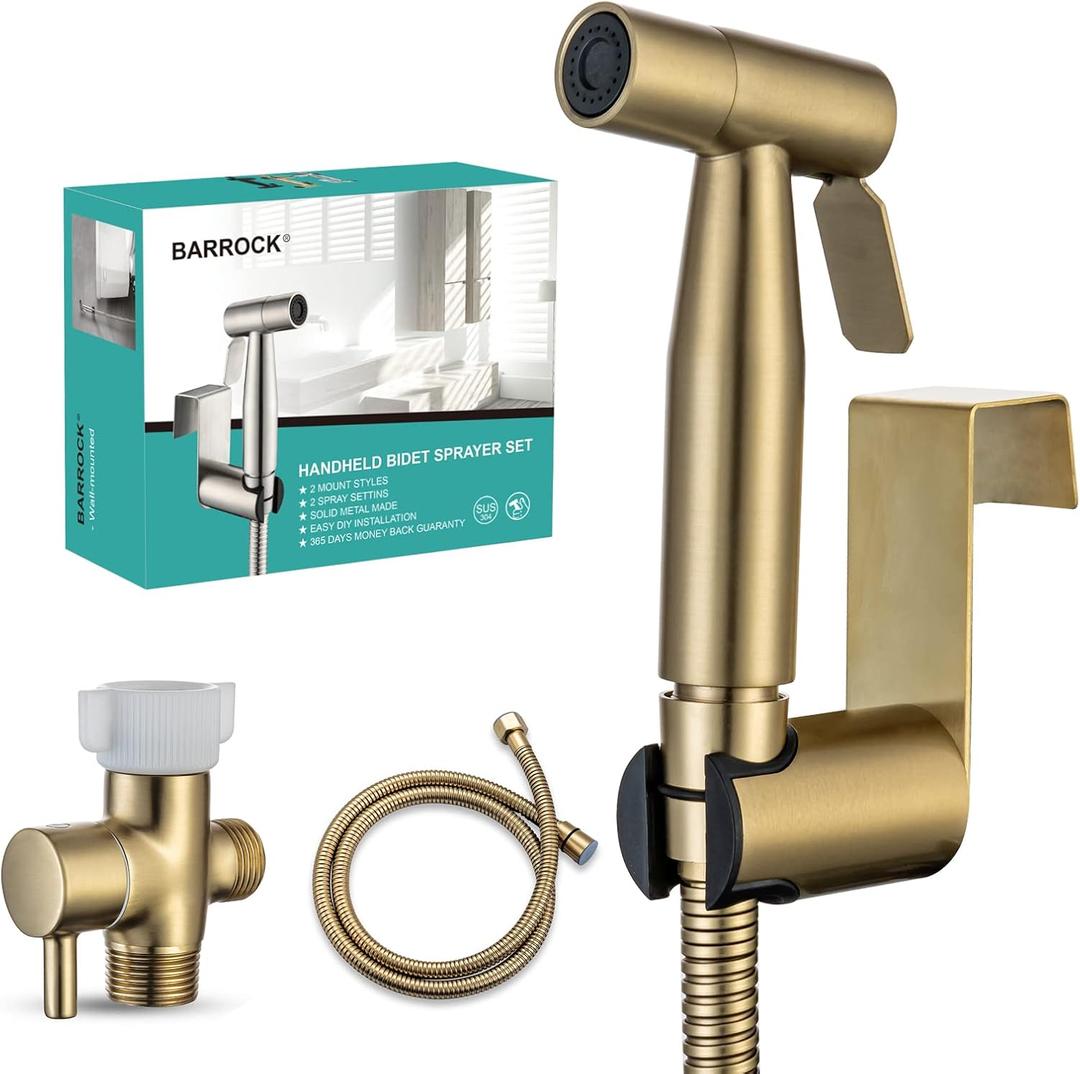 BARROCK Handheld Bidet Sprayer for Toilet, Stainless Steel Metal Made Baby Cloth Diaper Spraying Kit, Bathroom Toilet Bidet Attachment Set for Bathing Pets and Feminine Hygiene, Brushed Brass Gold