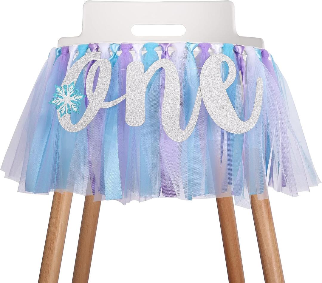 Snowflake Highchair Banner Decoration for Baby - Party Theme Pull Flag, High Chair Fabric Garland, 1st First Birthday Banner, Photo Props, Handmade