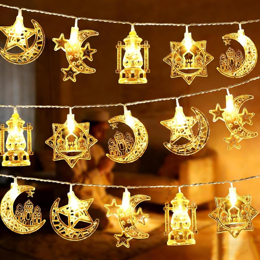 Ramadan String Lights 20FT 40 LED, 5 Mixed Styles (Moon/Star/Mosque/Lantern) Warm White Battery Operated, 2 Modes (Steady/Flash) for Eid Al-Fitr Yoga Meditation Ambience