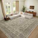 Washable 10x14 Area Rugs for Living Room, Boho Non-Slip Vintage Distress Large Rugs for Bedroom Dining Room Office, 0.3" Neutral Oriental Throw Thin Carpet, Flaxen/Multi, B2