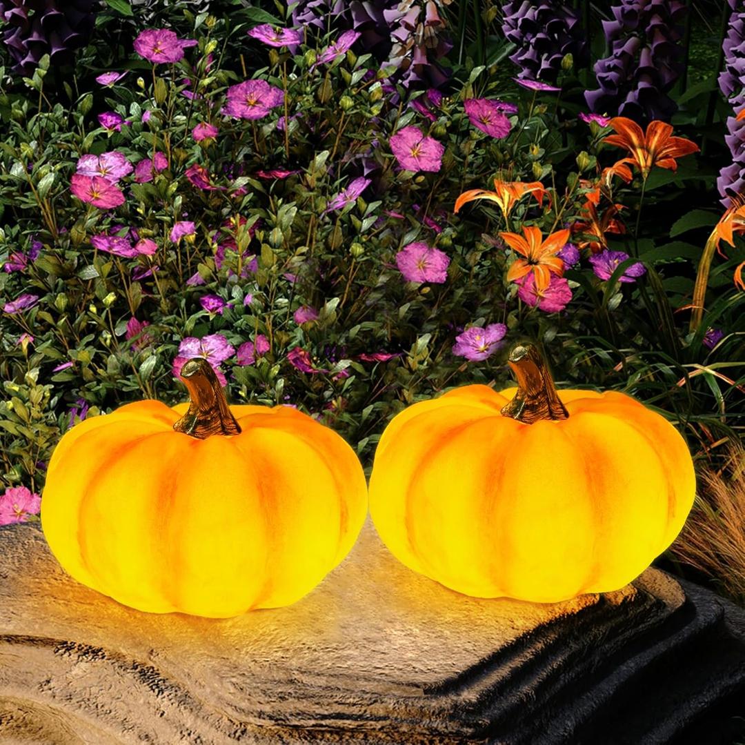 Solar Pumpkin Lights Garden Statues Outdoor Pumpkin Fall Decor Thanksgiving Halloween Decorations for Porch Terrace Yard Lawn Patio,2 Pack Small Pumpkin