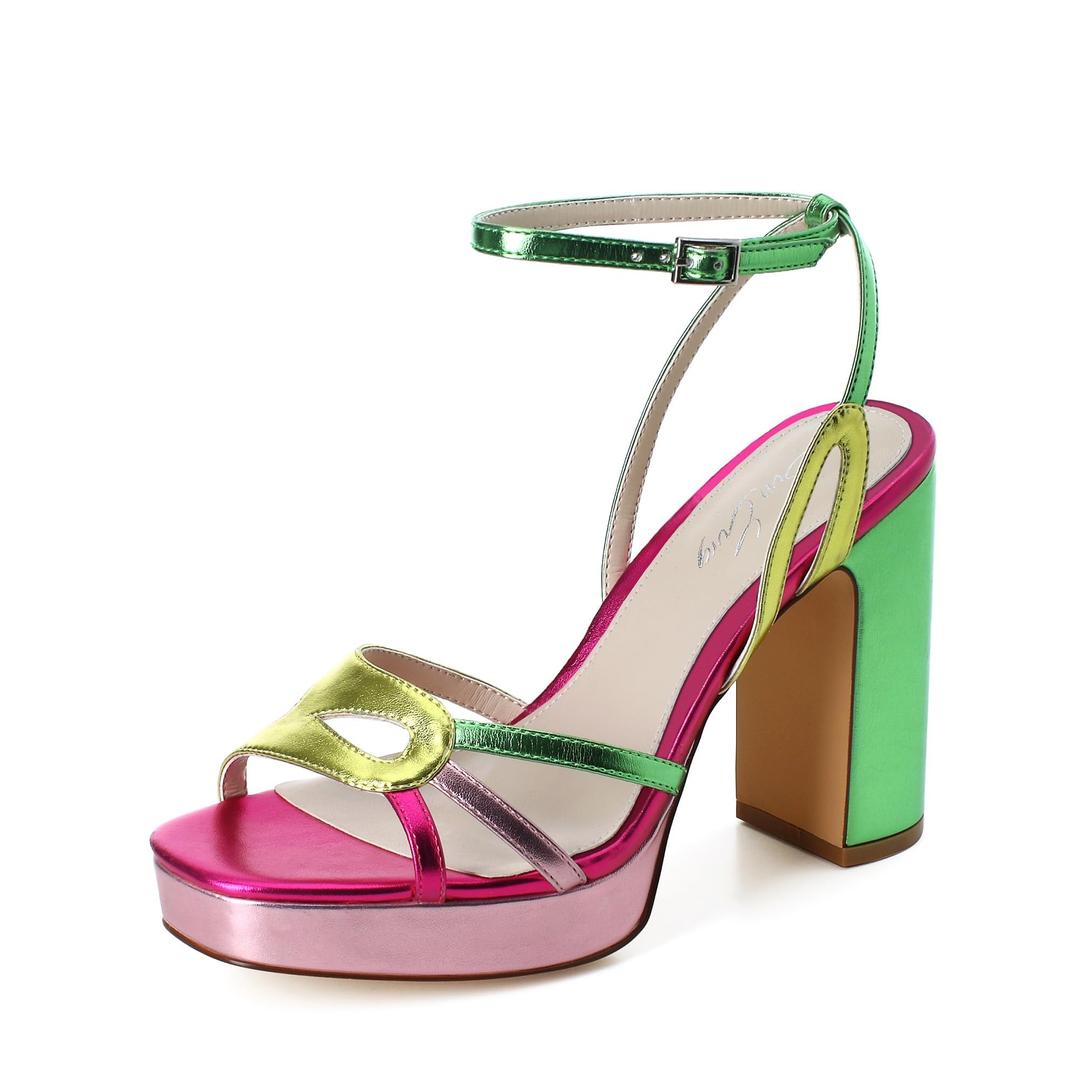 sun gurg Strappy Platform High Heels Women Chunky Sandals,Metallic Pink,8.5 (Green)