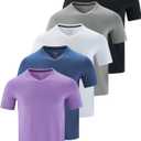 5 Pack Mens V-Neck Dry Fit T-Shirts, Active Athletic Short Sleeve Workout Tops, Performance Gym Tees (Large, Gray/Black/White/Dark Lavender/Soft Denim)