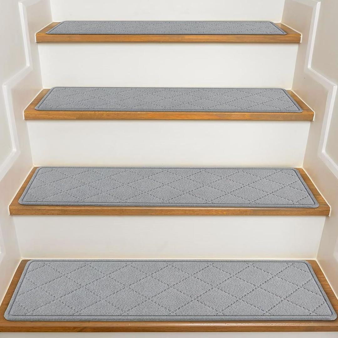 Stair Treads for Wooden Steps Indoor, KOOTETA 15 Pack 8" X 30" Non Slip Carpet Stair Treads with Reusable Adhesive for Kids Elders and Dogs, Surface Polyester TPR Backing Stair Rugs, Grey