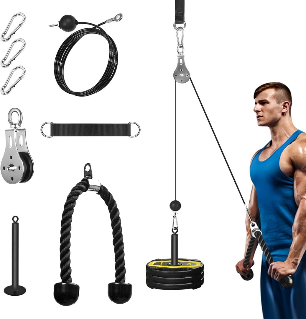 Pulley System for Home Gym, Cable Pulley System Gym for LAT Pulldown Cable Machine Pulley Attachment with Tricep Rope Ideal for Biceps Curl, Arm Workouts, Strength Training