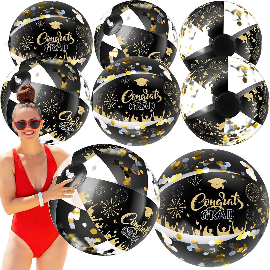 8pcs Graduation Beach Balls Inflatable Glitter Beach Balls Congrats Grad Sign Graduation Party Favors for Senior Teen Class of 2025 College Graduation Pool Party Supplies