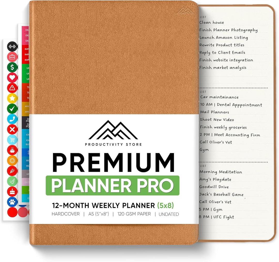 PRODUCTIVITY STORE Pro - Undated, 2026 Planner, 5.8” x 8.3” - The #1 Productivity Planner to Achieve Your 2026 Goals - Planner 2026-2027 - Brown - A5
