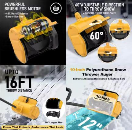 20V Cordless Snow Shovel & Blower, 10-Inch Auger, 12 Wide Snow Removal for Outdoor Spaces