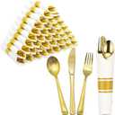 Gold Plastic Silverware 50 Guests,Pre Rolled Silverware Set Wrapped Plastic Cutlery Set Include 50 Forks,50 Knives,50 Spoons and 50 Napkins Heavy Duty Disposable Utensils for Party