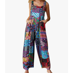 Himosyber Women's Patchwork Dual Pocket Jumpsuit Loose Floral Print Bohemian Wide Leg Bib Overall. Size Medium