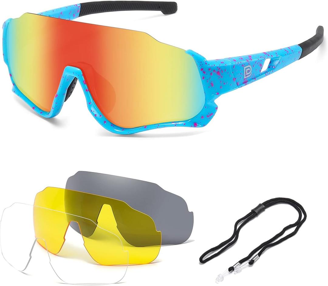 DUCO Polarized Kids Sunglasses Youth Baseball Sun Glasses Sports Teens Cycling Shades Boys Girls with 3 Lenses DK280 (Blue Frame Blue Temple Orange Colorful Lens)