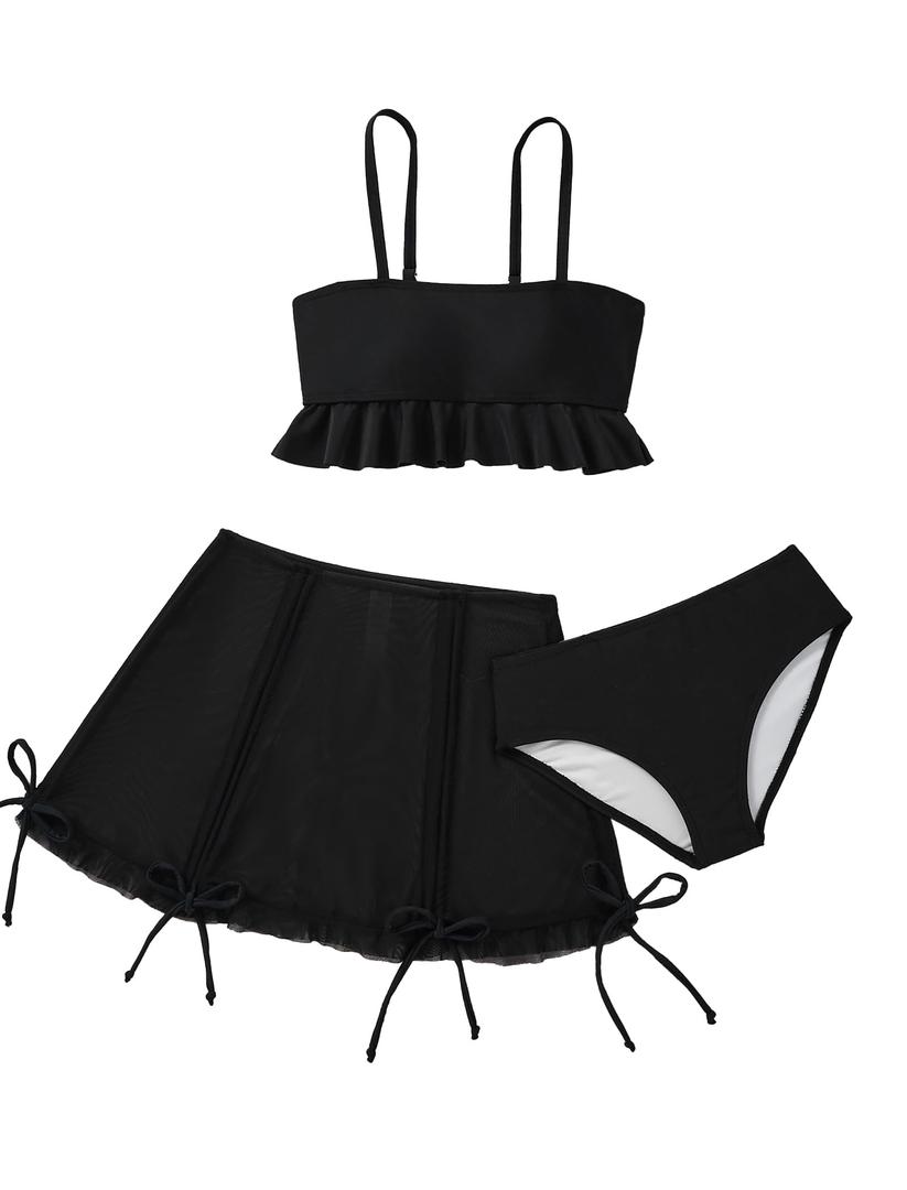 Girls Bathing Suit 3 Piece Set Ruffle Cami Tankini Top with Swim Skirt and Bikini Bottom, Cute Girls Swimwear for Pool Beach Vacation, Black, Ages 15-16 Years (Black)